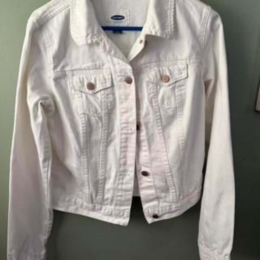 Old Navy White Denim Jacket with Custom Painted Skull & Floral Back Design